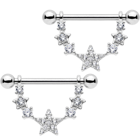 9/16 Clear CZ Gem Star Dangle Barbell Nipple Ring Set