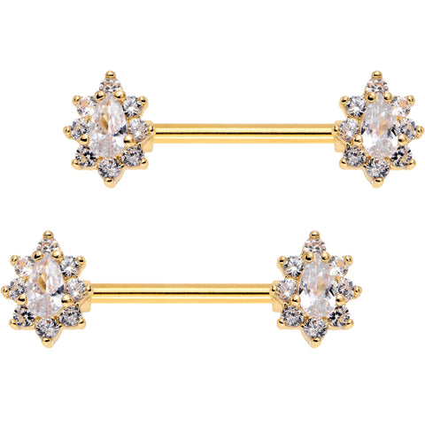 Clear CZ Gem Gold Plated Teardrop Star Barbell Nipple Ring Set