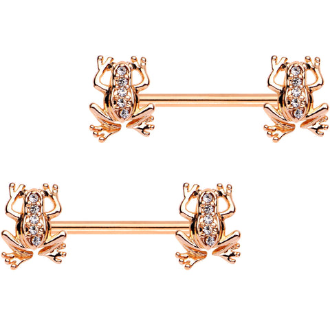 9/16 Clear Gem Rose Gold PVD Friendly Froggy Barbell Nipple Ring Set