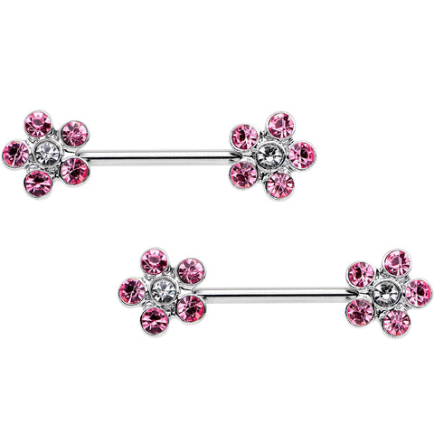14G 5/8 Pink Clear CZ Gem Fancy Flower Barbell Nipple Ring Set