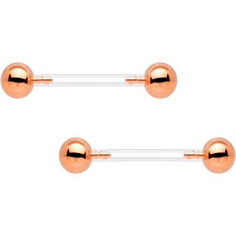 Clear Bioplast Barbell Rose Gold Tone Push In Ball Nipple Ring Set