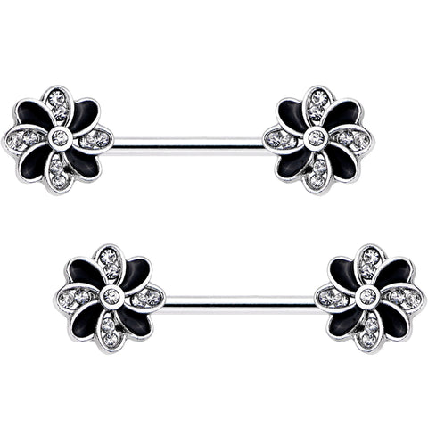 9/16 Clear Gem Pinwheel Flower Barbell Nipple Ring Set