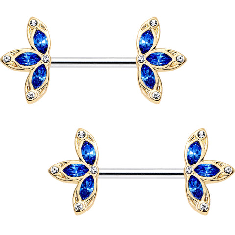 14G 9/16 Clear Blue Gem Fleur de Seins Barbell Nipple Ring Set