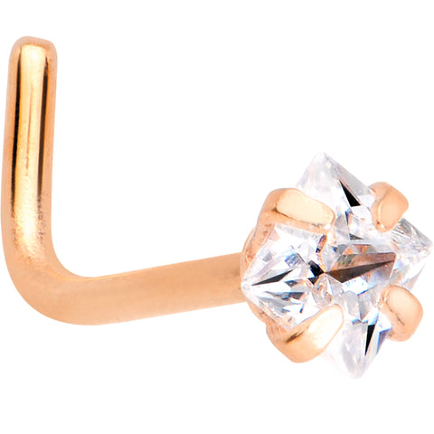 20G 1/4 Clear Square 2.5mm CZ Gem Rose Gold IP L-Shape Nose Ring