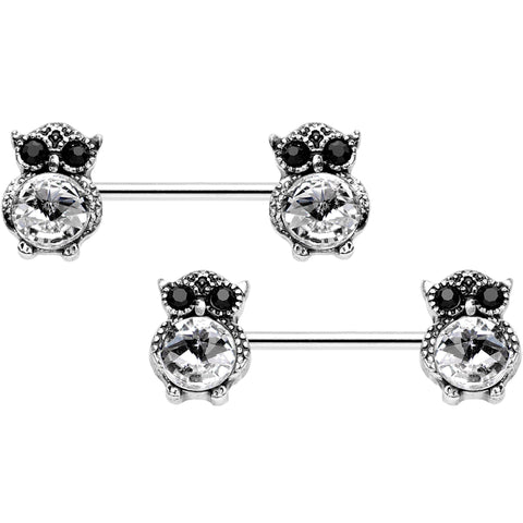 9/16 Clear Black Gem Mystical Owl Barbell Nipple Ring Set