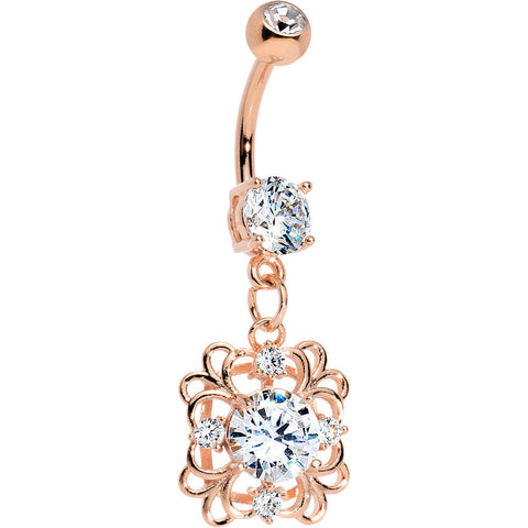 Clear CZ Gem Rose Gold Plated Steel Blooming Flower Dangle Belly Ring