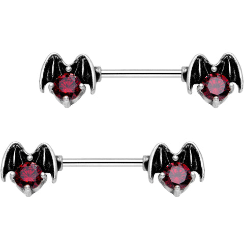 14G 9/16 Dark Red Gem Halloween Night Bat Barbell Nipple Ring Set