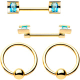 14G Blue Gem Gold Tone Sccop Captive Ring Barbell Nipple Ring Set