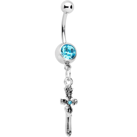 Blue Gem Templar Cross Dangle Belly Ring