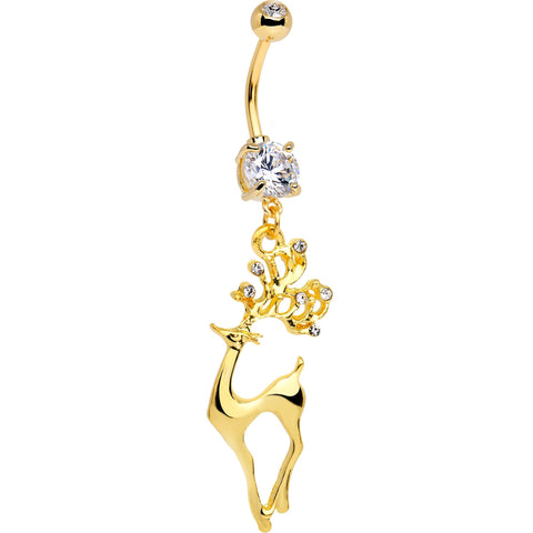 Clear CZ Gold Tone Anodized Prancing Reindeer Dangle Belly Ring