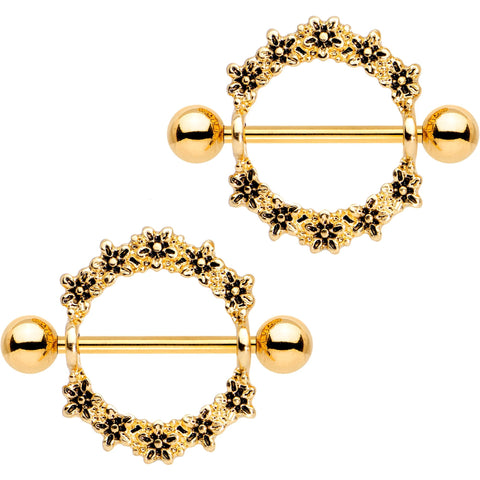 14G 3/4 Gold Tone Anodized Flower Halo Wreath Nipple Shied Set
