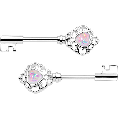 1/2 White Faux Opal Heart Key Barbell Nipple Ring Set
