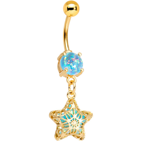 Aqua Faux Opal Gold Tone Anodized Captive Star Dangle Belly Ring
