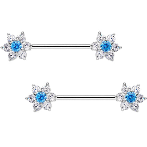 9/16 Aqua CZ Gem Summer Flower Petal Barbell Nipple Ring Set