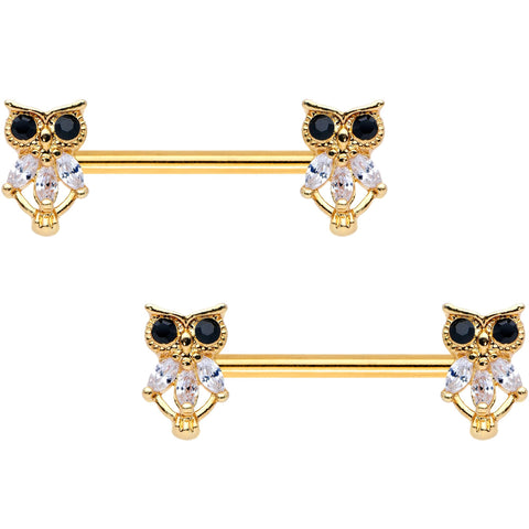 9/16 Clear Black Gem Gold Tone Wide Eyed Owl Barbell Nipple Ring Set