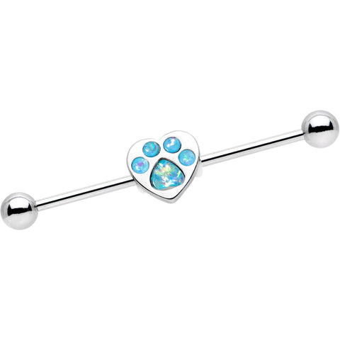 14G Blue Faux Opal Paw Print Heart Industrial Barbell 38mm