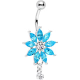 Clear Aqua Gem Breathtaking Flower Dangle Belly Ring