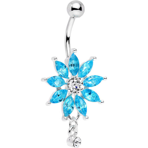 Clear Aqua Gem Breathtaking Flower Dangle Belly Ring